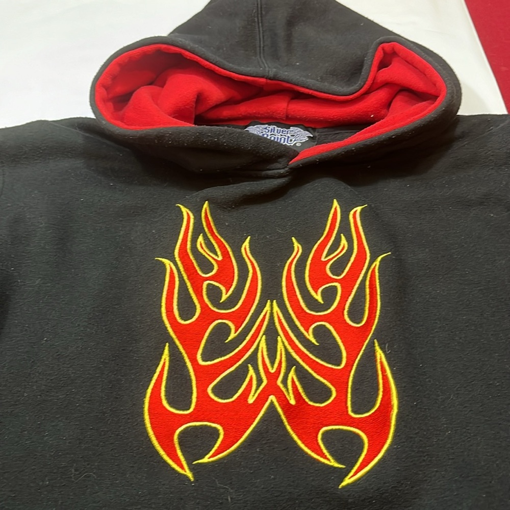 Boys BLACK red FLAMES Hoodie Arm flames embroidery sweatshirt thick pullover Lg